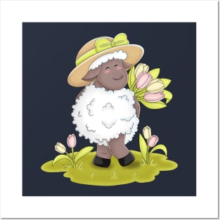 Kawaii Sheep Brings Beautiful Tulips Posters and Art